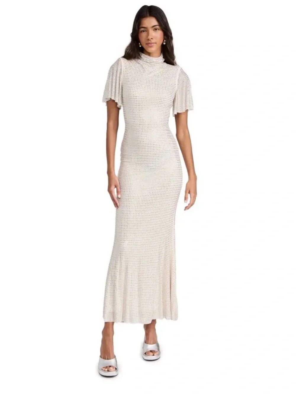 Self-Portrait Cream Rhinestone Mesh Maxi Dress size 6